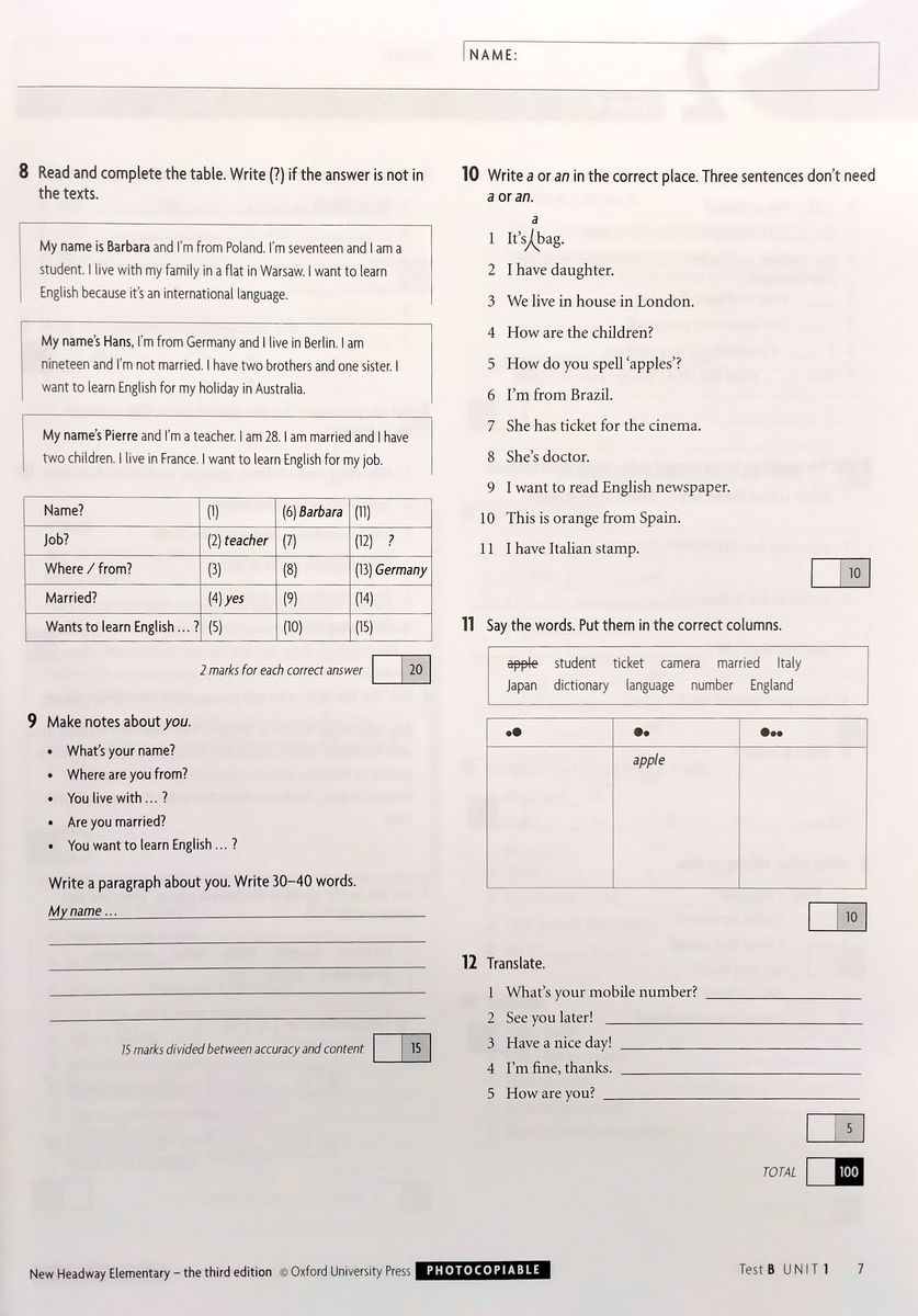Headway (3rd edition) Elementary Tests