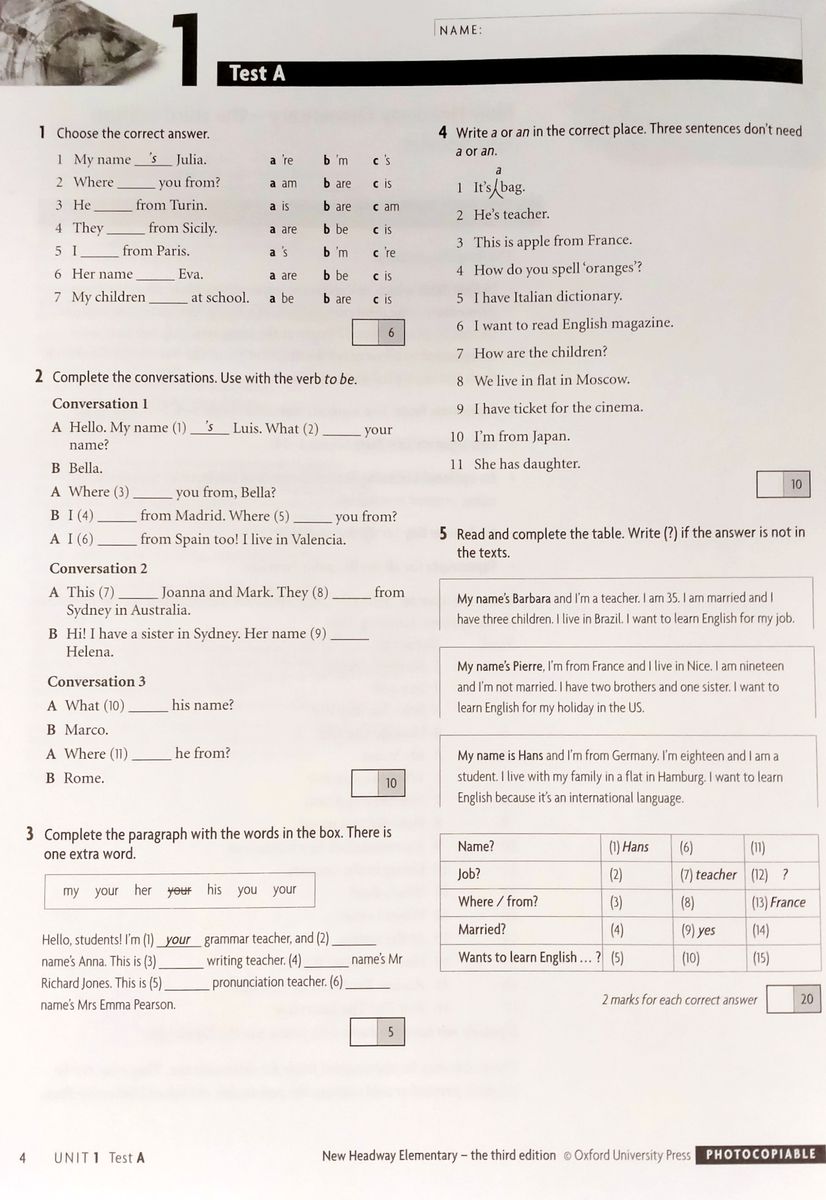 Headway (3rd edition) Elementary Tests