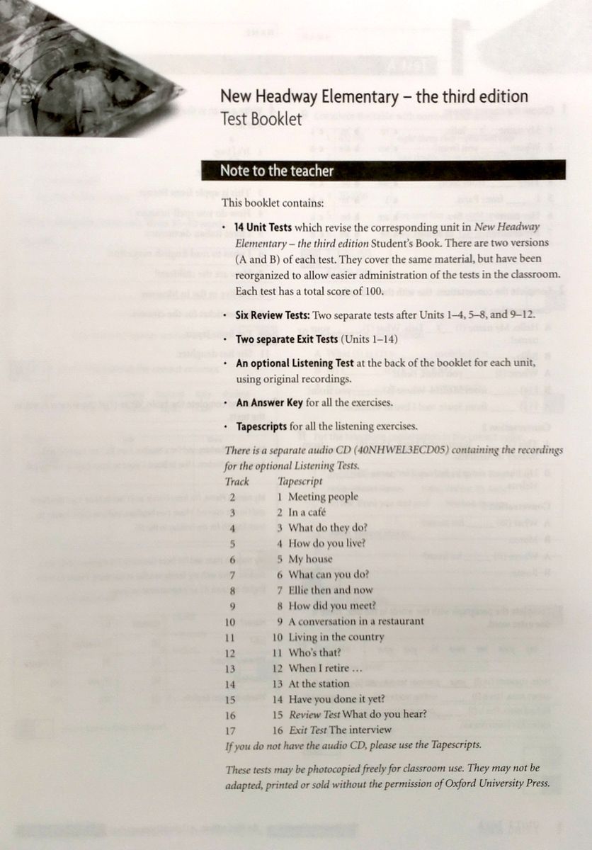 Headway (3rd edition) Elementary Tests